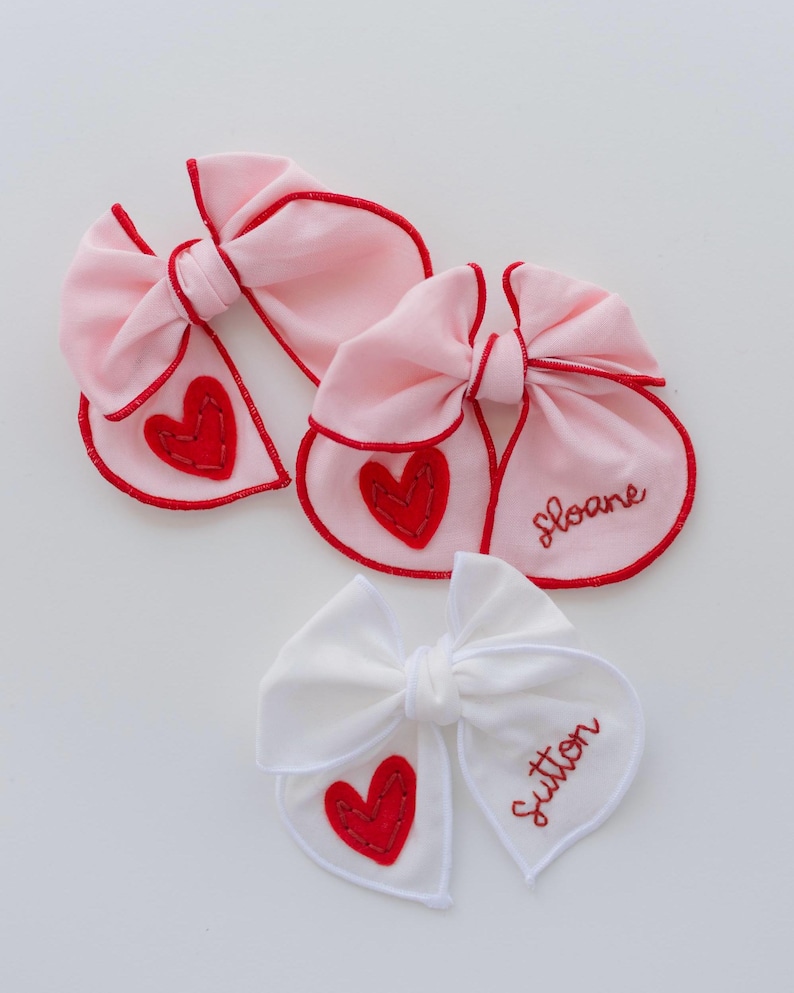 Valentine Hand-Embroidered Name Hairbow | Heart Bow, Embroidery Bow, Custom Personalized Toddler Hair Bow Clip, New Baby Girl Gift Headband image 6