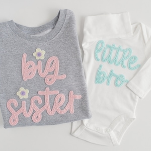 Little Sister And Little Brother Hand-Embroidered Bodysuit | Baby Announcement Shirt | Lil Bro & Lil Sis Bodysuit, Felt Name, Sibling Shirt
