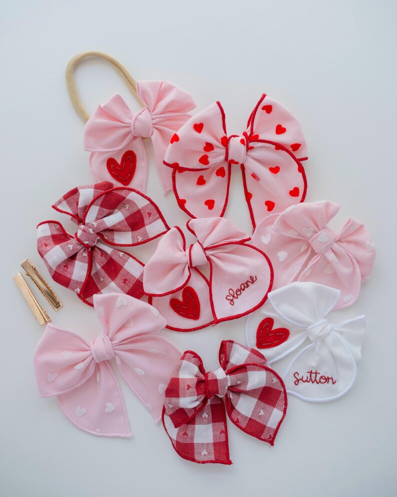 Valentine Hand-Embroidered Name Hairbow | Heart Bow, Embroidery Bow, Custom Personalized Toddler Hair Bow Clip, New Baby Girl Gift Headband image 10