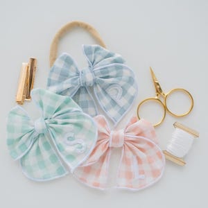 Pastel Gingham Initial Embroidery Fable Hair Bows | Personalized Spring Summer Embroidered Letter Hairbow