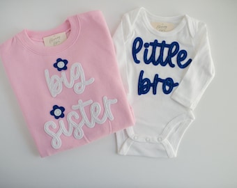 Little Sister And Little Brother Hand-Embroidered Bodysuit | Baby Announcement Shirt | Lil Bro & Lil Sis Bodysuit, Felt Name, Sibling Shirts