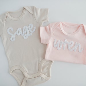 Custom Hand-Embroidered Short-Sleeve Bodysuit Felt Name Baby Bodysuit, Hand Stitched Baby Bodysuit, Custom Newborn Bodysuit image 1