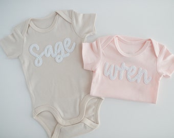 Custom Hand-Embroidered Short-Sleeve Bodysuit | Felt Name Baby Bodysuit, Hand Stitched Baby Bodysuit, Custom Newborn Bodysuit