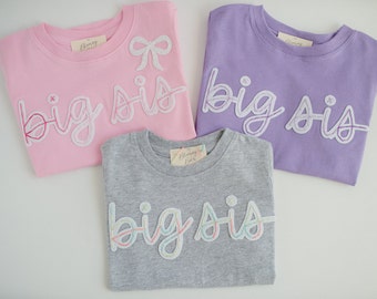 Big Sis Hand-Embroidered T-Shirt | Big Sister Shirt, Baby Announcement Shirt, Rainbow Baby Sibling, Toddler Name T-Shirt, Felt Name, Big Bro
