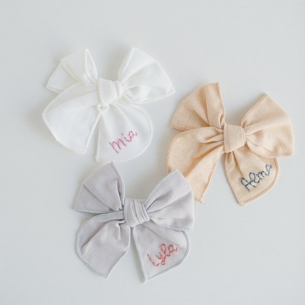 Custom Hand-Embroidered Name Hairbow | Name Bow, Embroidery Bow, Custom Name Bow, Newborn Bow, Toddler Hairbow, New Baby Girl Gift, Baby Bow