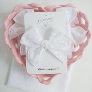 Classic White Fable Bow | Girls Bow, Newborn Headband Bow, Toddler Hairbow Clip, New Baby Girl Gift, Eyelet Fabric Spring Summer Hair Bow