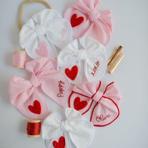 Valentine Hand-Embroidered Name Hairbow | Heart Bow, Embroidery Bow, Custom Personalized Toddler Hair Bow Clip, New Baby Girl Gift Headband image 1