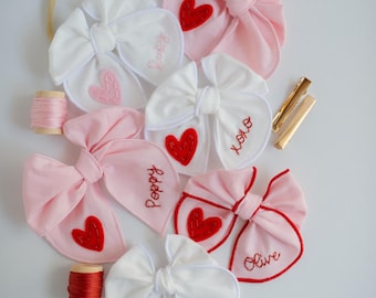 Valentine Hand-Embroidered Name Hairbow | Heart Bow, Embroidery Bow, Custom Personalized Toddler Hair Bow Clip, New Baby Girl Gift Headband