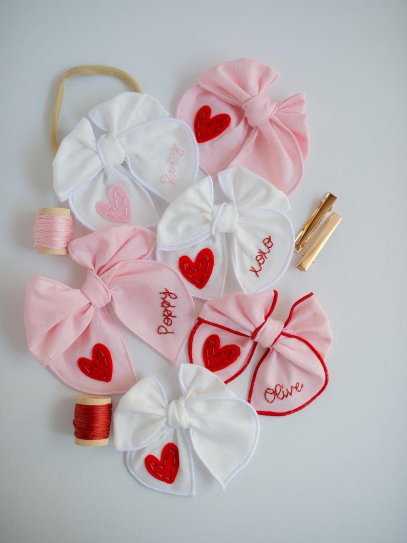 Valentine Hand-Embroidered Name Hairbow | Heart Bow, Embroidery Bow, Custom Personalized Toddler Hair Bow Clip, New Baby Girl Gift Headband image 1