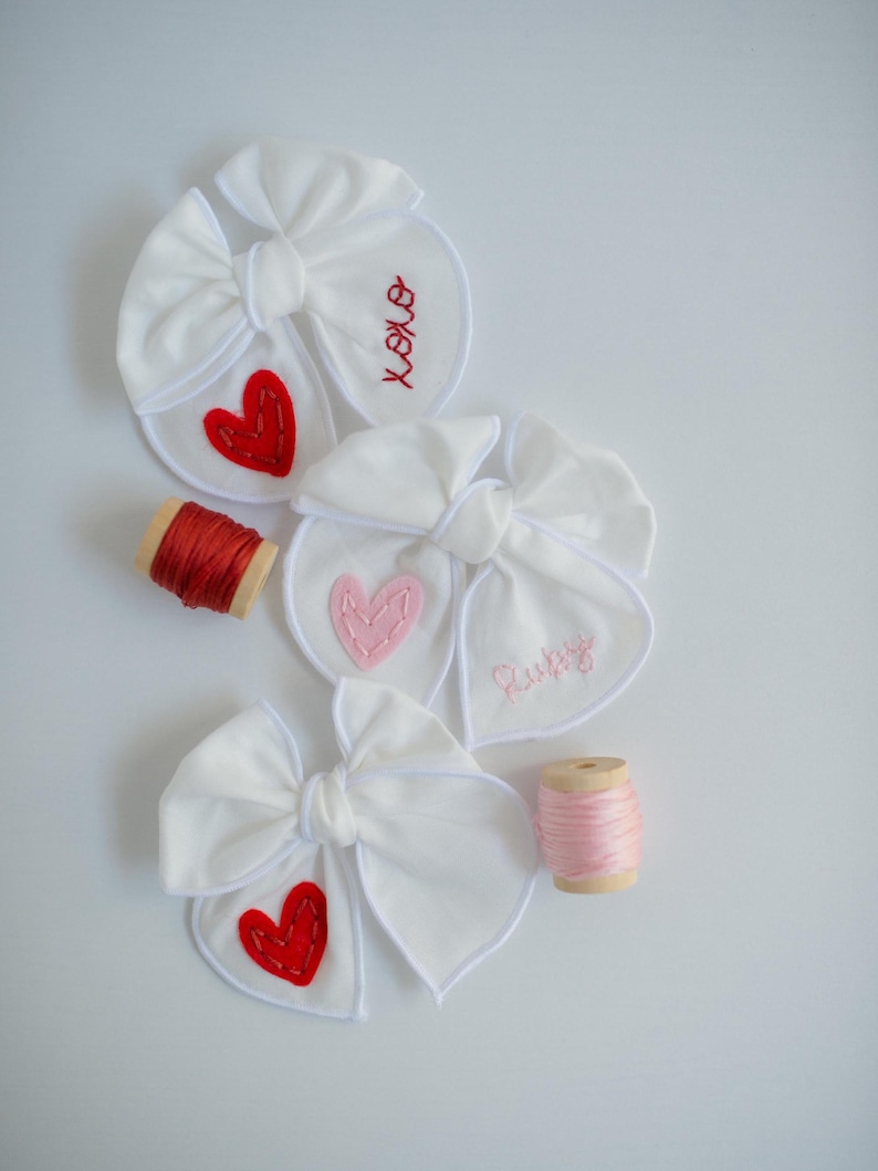 Valentine Hand-Embroidered Name Hairbow | Heart Bow, Embroidery Bow, Custom Personalized Toddler Hair Bow Clip, New Baby Girl Gift Headband image 9