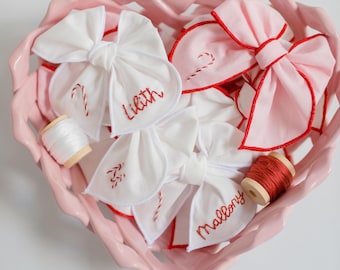 Christmas Hand-Embroidered Name Hairbow | Candy Cane Bow, Custom Personalized Toddler Embroidery Hair Bow Clip, New Baby Girl Gift Headband