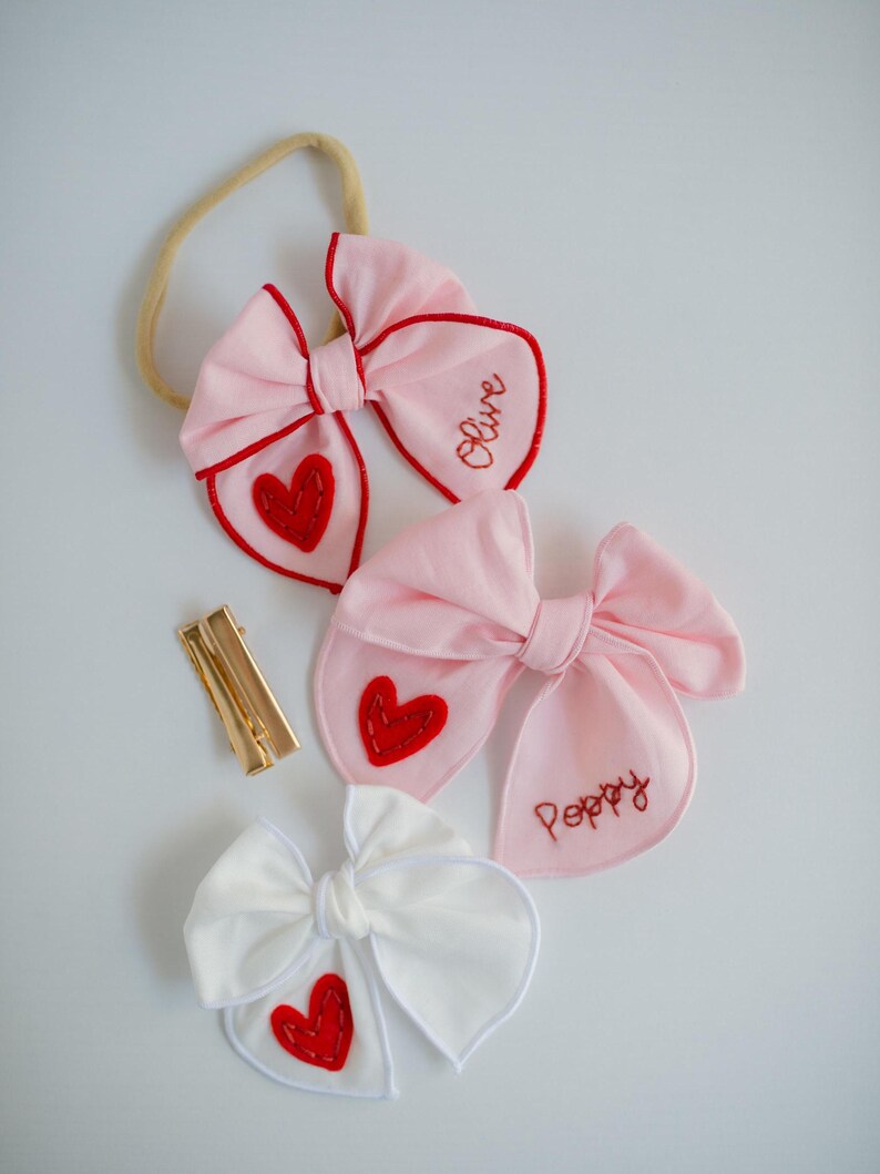 Valentine Hand-Embroidered Name Hairbow | Heart Bow, Embroidery Bow, Custom Personalized Toddler Hair Bow Clip, New Baby Girl Gift Headband image 2