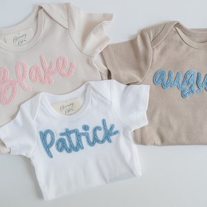 Custom Hand-Embroidered Short-Sleeve Bodysuit Felt Name Baby Bodysuit, Hand Stitched Baby Bodysuit, Custom Newborn Bodysuit image 4