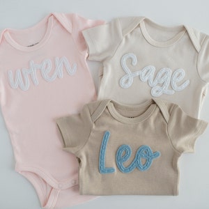 Custom Hand-Embroidered Short-Sleeve Bodysuit Felt Name Baby Bodysuit, Hand Stitched Baby Bodysuit, Custom Newborn Bodysuit image 3