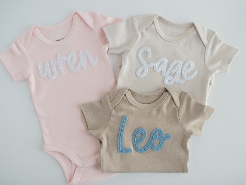 Custom Hand-Embroidered Short-Sleeve Bodysuit Felt Name Baby Bodysuit, Hand Stitched Baby Bodysuit, Custom Newborn Bodysuit image 3