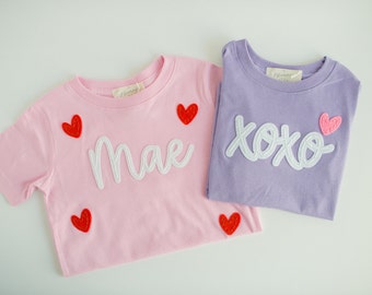 Hand-Embroidered Valentine's T-Shirt | xoxo  Heart Shirt, Toddler Name Shirt, Custom Embroidered Shirt, Baby Toddler Valentine, Felt Name