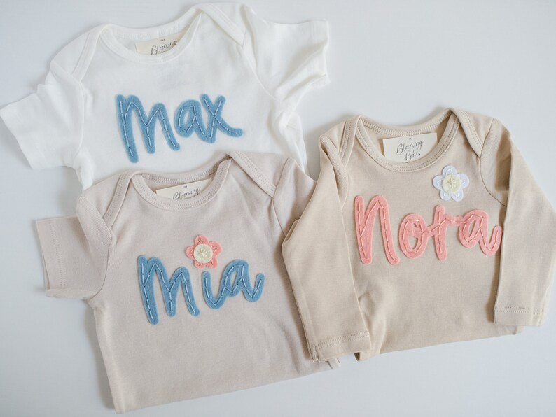 Custom Hand-Embroidered Short-Sleeve Bodysuit Felt Name Baby Bodysuit, Hand Stitched Baby Bodysuit, Custom Newborn Bodysuit image 6