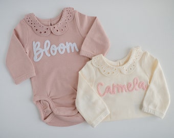 Custom Hand-Embroidered Baby Name Romper | Felt Name Baby Bodysuit, Baby Name Sweater, Custom Newborn Bodysuit, Newborn Coming Home Outfit
