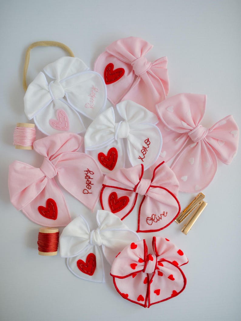 Valentine Hand-Embroidered Name Hairbow | Heart Bow, Embroidery Bow, Custom Personalized Toddler Hair Bow Clip, New Baby Girl Gift Headband image 7