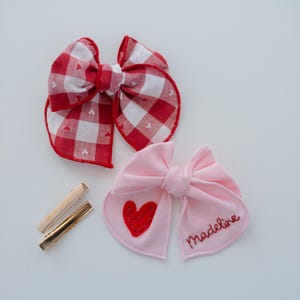 Valentine Hand-Embroidered Name Hairbow | Heart Bow, Embroidery Bow, Custom Personalized Toddler Hair Bow Clip, New Baby Girl Gift Headband image 8
