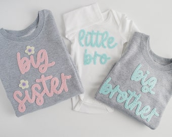 Big Sister And Big Brother Hand-Embroidered Sweatshirt | Baby Announcement Sweater | Little Brother & Little Sister Bodysuit, Felt Name