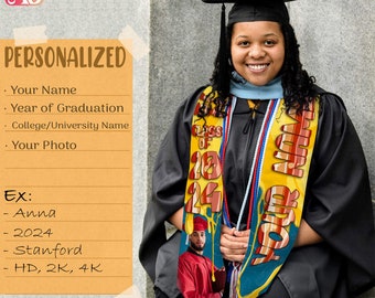 Amare Box Estola de graduación personalizada con queso y tocino, foto personalizada, nombre y clase de 2024, logotipo de la Universidad, regalo de graduación 1904 ILYD