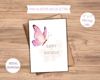 Happy Birthday Large Pink shades Butterfly design, Greeting Card Printable, Digital Download, 2 sizes. Simple design, Instant download.