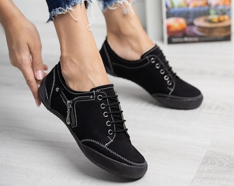 Chaussures décontractées pour femmes faites à la main, baskets orthopédiques, chaussures en toile basses pour femmes, chaussures à fermeture éclair, talon bas en dentelle confortable, Saint-Valentin