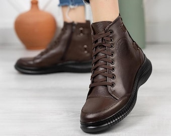 Genuine Leather Women's Boots, Handmade Leather Lace Up Boots, Casual Ankle Winter Shoes, Zipper Sneaker Boots, Trendy Comfortable Flat Shoe