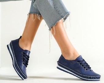 Genuine Leather Women's Shoes, Handmade Lace up Loafers