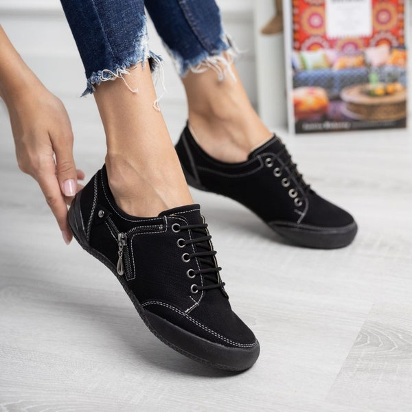 Handmade Womens Casual Shoes, Orthopedic Sneakers, Women's Low Top Canvas Shoe, Zipper Detail Footwear, Comfy Lace Low Heel, Valentine's Day