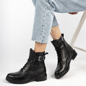Genuine Leather Women&#39;s Boot, Handmade Black Women Boots, Winter Boots Women, Lace Up Boots For Stylish Women, Zippered Ankle Boots Booties