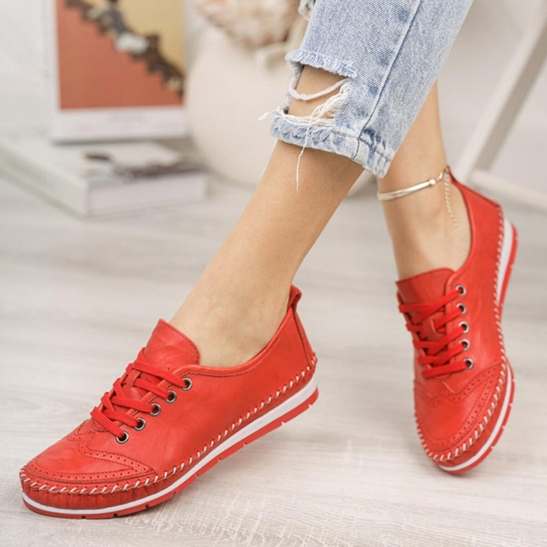 Genuine Leather Shoes Women, Handmade Loafers, Casual Sneakers, Summer Lace Up, Sport Daily Flat Shoes, Boho Footwear, White Bridal Shoes