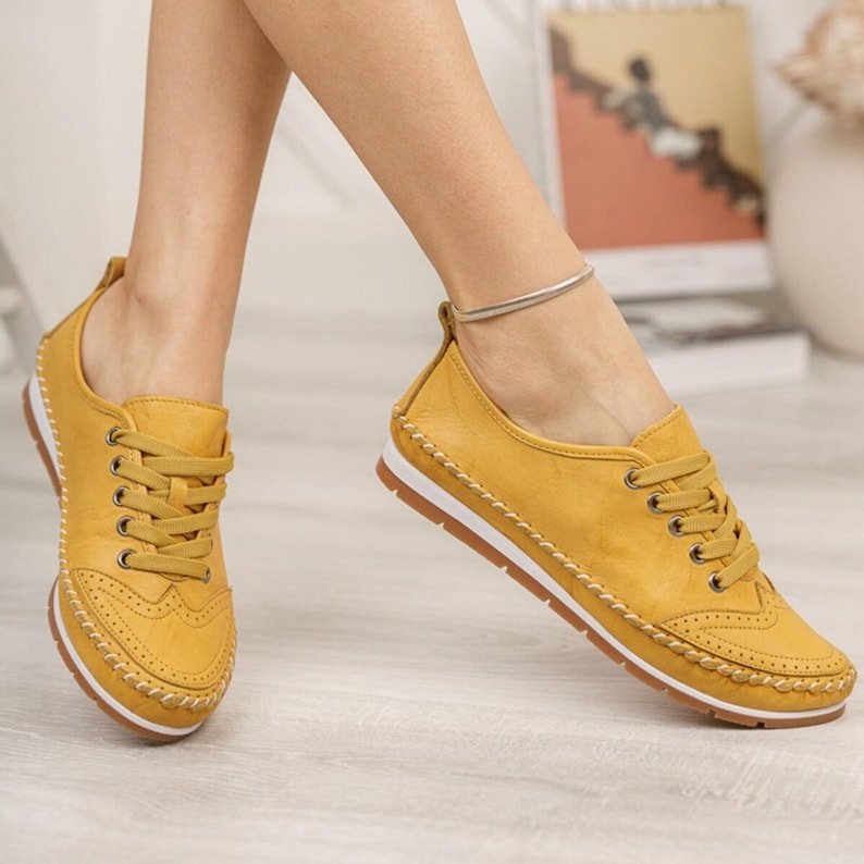 Echtes Leder Damen Schuhe, Handgemachte Lace Up Loafers, Lässige Sommer Turnschuhe, Sport Tägliche Flache Schuhe, Boho Schuhe, Weiße Braut Schuhe Yellow