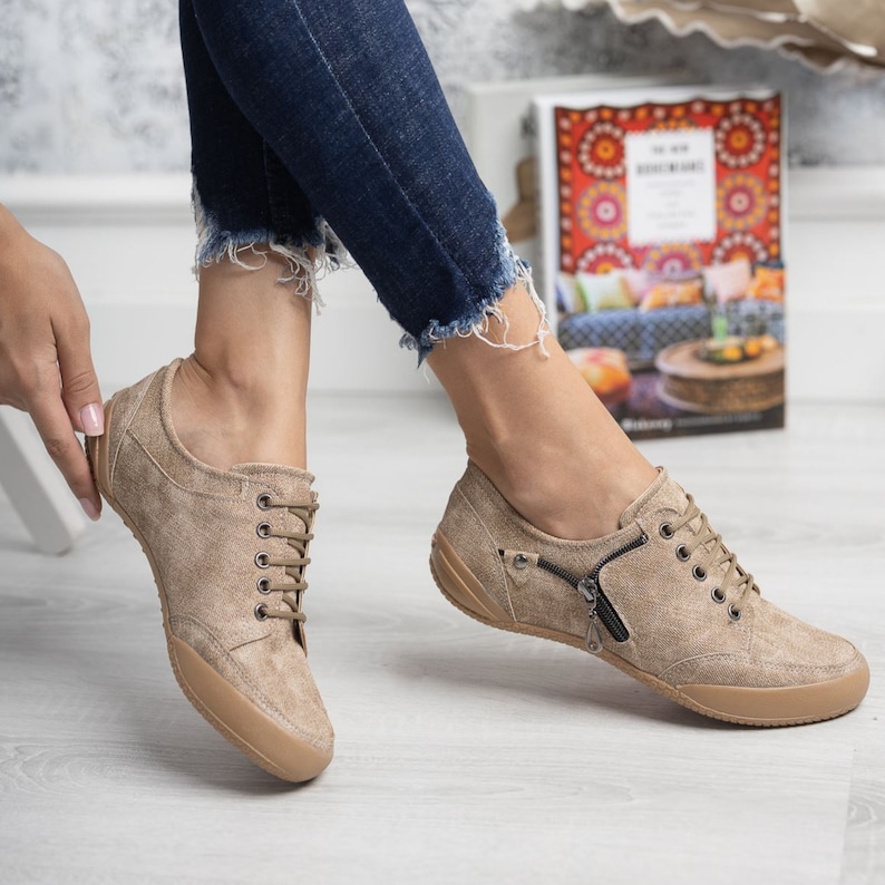 Chaussures décontractées pour femmes faites à la main, baskets orthopédiques, chaussures en toile basses pour femmes, chaussures à fermeture éclair, talon bas en dentelle confortable, Saint-Valentin Mink