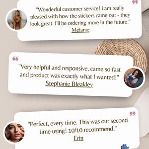 May include: Three white rectangular customer review cards featuring testimonials from Melanie, Stephanie Bleakley, and Erin. Each card includes a circular profile photo of the reviewer and pink quotation marks. The bottom right displays a blue hippo logo.