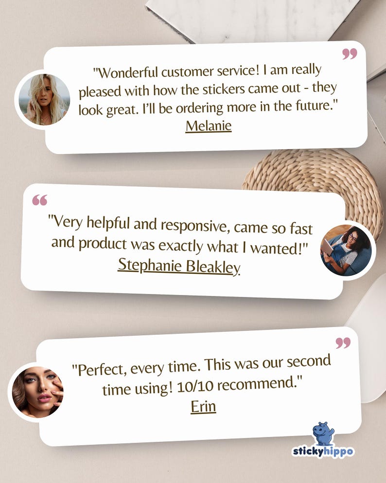 May include: Three white rectangular customer review cards featuring testimonials from Melanie, Stephanie Bleakley, and Erin. Each card includes a circular profile photo of the reviewer and pink quotation marks. The bottom right displays a blue hippo logo.