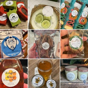 May include: A collection of various product labels including Poplar Creek keychains, a lime pie, candy skewers, F&S Cardbreakers trading card holders, pet treats, personalized cookies, Comfort Honey, Stone Heart Apiary honey, and two candles.