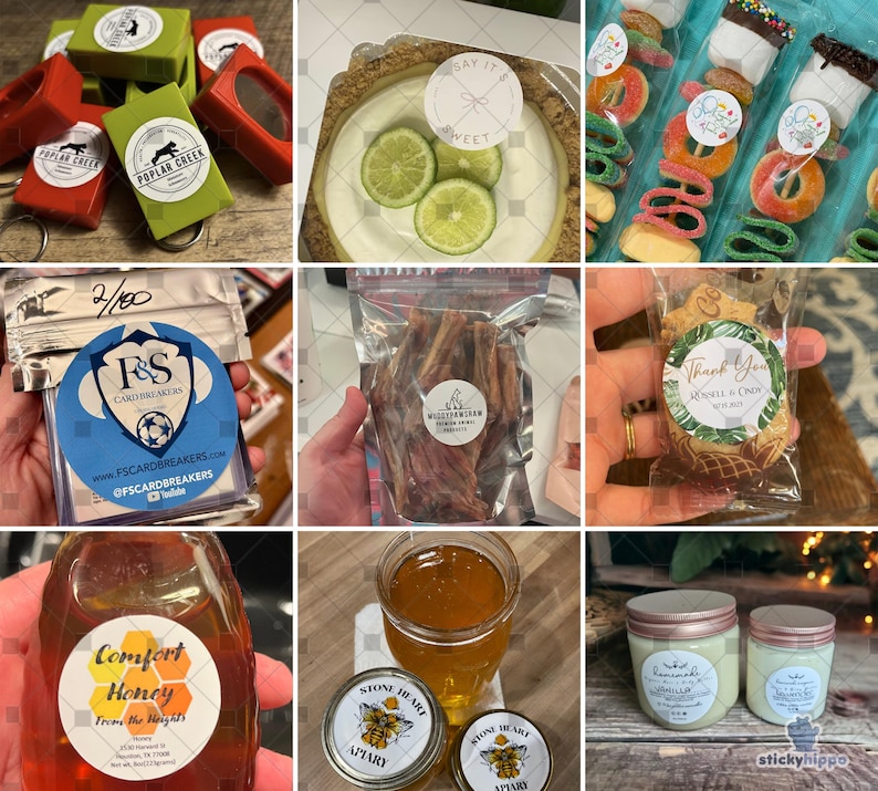 May include: A collection of various product labels including Poplar Creek keychains, a lime pie, candy skewers, F&S Cardbreakers trading card holders, pet treats, personalized cookies, Comfort Honey, Stone Heart Apiary honey, and two candles.