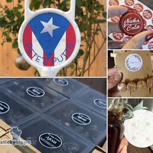 May include: A collage featuring a white plastic golf ball marker with a Puerto Rican flag design and the text Pete's Putts, a red Nuka Cola bottle cap, round earrings with gold flakes, and several clear plastic containers labeled Ajwa dates.