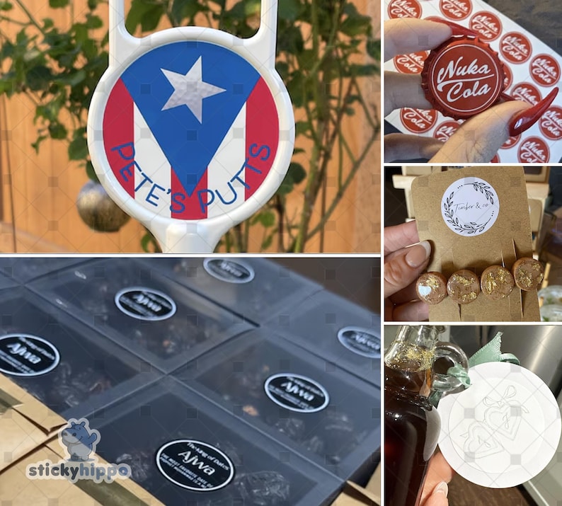 May include: A collage featuring a white plastic golf ball marker with a Puerto Rican flag design and the text Pete's Putts, a red Nuka Cola bottle cap, round earrings with gold flakes, and several clear plastic containers labeled Ajwa dates.