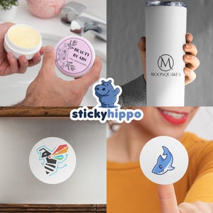 May include: A collage featuring a white cosmetic jar with a pink floral label reading Beauty By Abs, a white tumbler with a black Moonquakes logo, a circular sticker with a geometric bee design, and a circular sticker with a blue shark illustration.