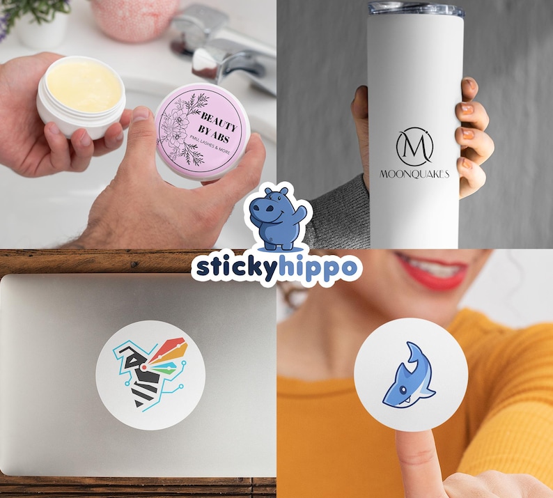 May include: A collage featuring a white cosmetic jar with a pink floral label reading Beauty By Abs, a white tumbler with a black Moonquakes logo, a circular sticker with a geometric bee design, and a circular sticker with a blue shark illustration.