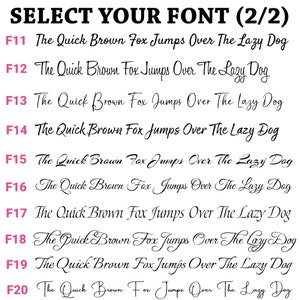 May include: A font selection chart titled SELECT YOUR FONT (2/2) displaying ten distinct black typeface styles labeled F11 through F20. Each line features the phrase The Quick Brown Fox Jumps Over The Lazy Dog in a unique script or serif font.