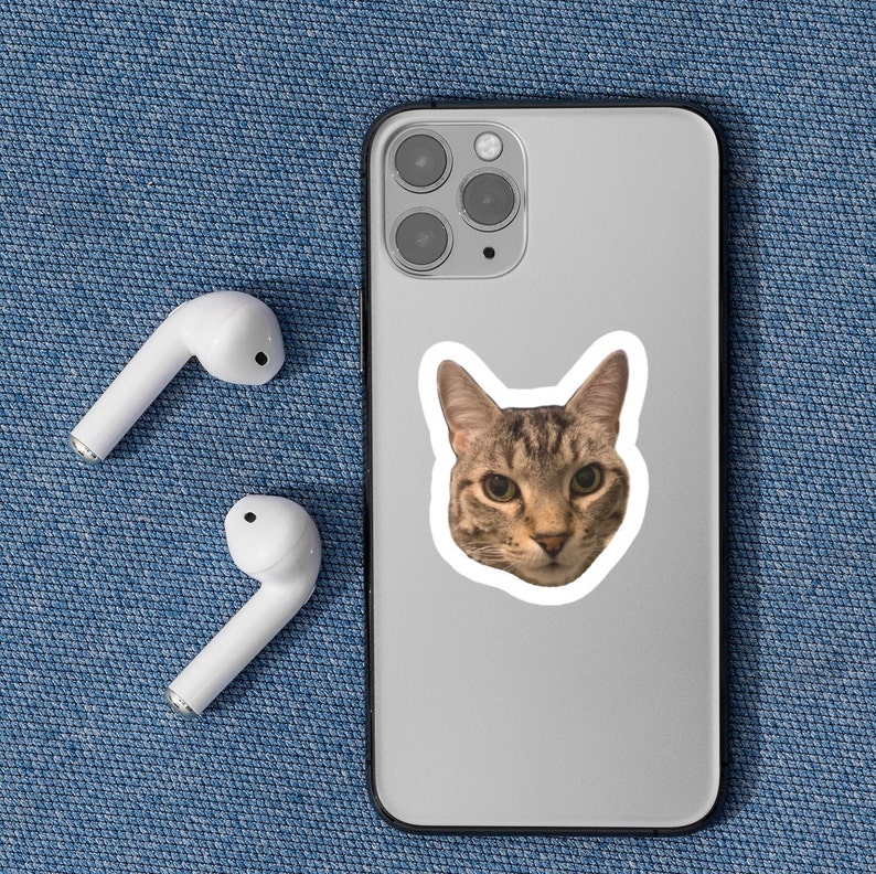 May include: A silver smartphone with a triple-lens camera system and a sticker of a brown tabby cat head on the back, accompanied by two white wireless earbuds. The phone features a sleek metallic finish and a distinct cat portrait sticker.