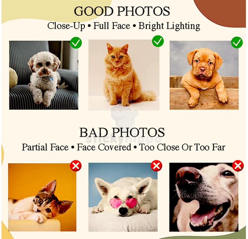 May include: An instructional graphic titled GOOD PHOTOS and BAD PHOTOS featuring six animal images. The top row shows three clear pet portraits with green checkmarks. The bottom row shows three obscured or poorly framed pet photos with red X marks.