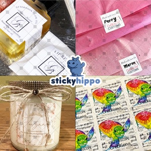 May include: A collage featuring a bottle of Afternoon Glow Oil, pink tissue paper with custom labels for Perry and Maren ColbieJo Customs, a candle with a Jaelynn Quinceanera label and twine, and a sheet of stickers with colorful turtle illustrations.