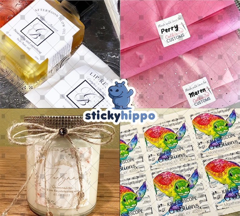 May include: A collage featuring a bottle of Afternoon Glow Oil, pink tissue paper with custom labels for Perry and Maren ColbieJo Customs, a candle with a Jaelynn Quinceanera label and twine, and a sheet of stickers with colorful turtle illustrations.