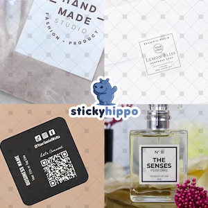 May include: A collage of custom labels and packaging materials including a white tag with Hand Made Studio text, a square Lemon Bliss soap label, a black social media QR code card, and a glass perfume bottle labeled No 8 The Senses Perfume.