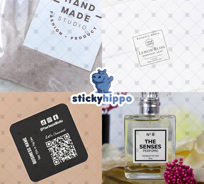 May include: A collage of custom labels and packaging materials including a white tag with Hand Made Studio text, a square Lemon Bliss soap label, a black social media QR code card, and a glass perfume bottle labeled No 8 The Senses Perfume.